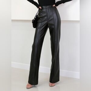 Commense Black Faux Leather Straight Leg Pants High Waist Wide Leg S NWT
